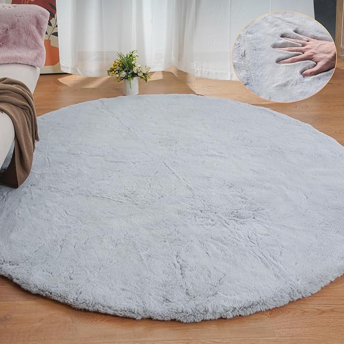 Grey Washable Fluffy Round Rugs 6ft Faux Bunny Fur Rugs for Living Room Bedroom Boho Circle Sheepskin Rug Teen Room Nursery Rug