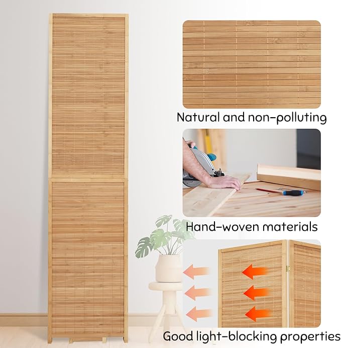 Bamboo Room Divider Folding Privacy Screens, Wall Divider for Room Separation, Portable Room Partitions and Dividers, 5.6FT Bamboo Mesh Woven Room Divider Panel (Brown, 6 Panel)