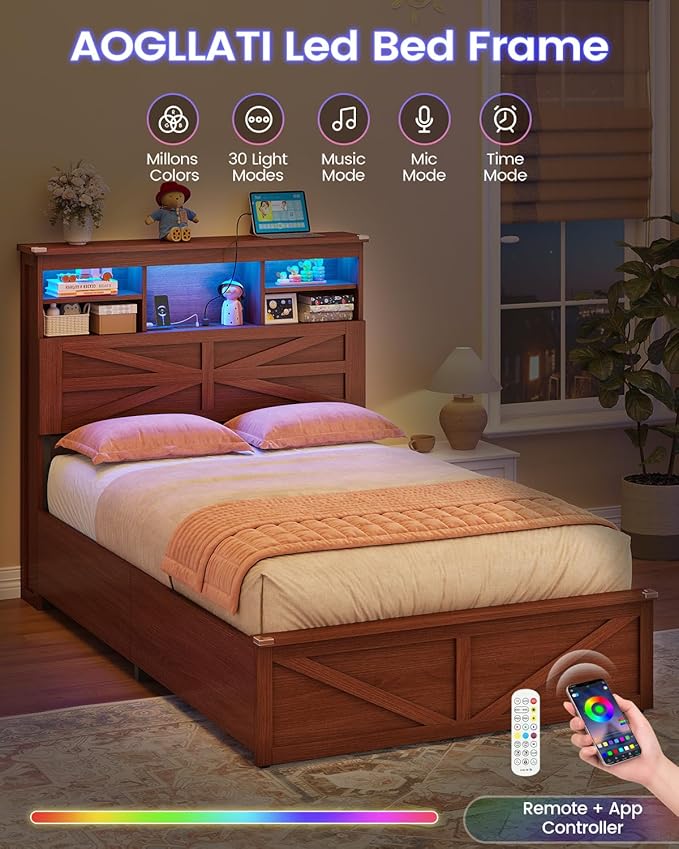 AOGLLATI Farmhouse Twin Bed Frame with Lift Up Storage & Hidden Bookcase Storage Headbord, Wood Bed Frame Twin with Charging Station, Led Lights, No Box Spring Needed, Brown