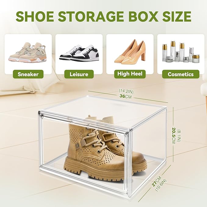 1 Pack Clear Stackable Plastic Shoe Storage Box with Magnetic Acrylic Door Size 12.5 Sneaker Display Case Transparent Closet Organizers and Storage, Easy Assembly