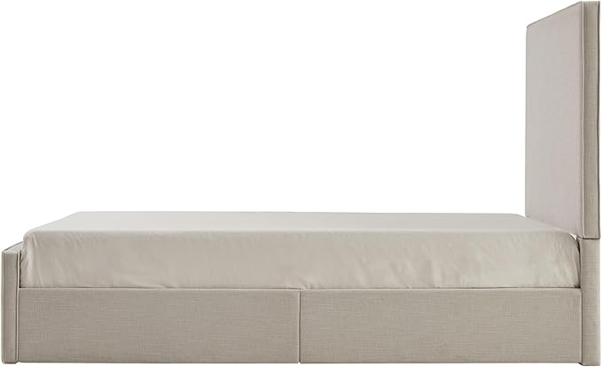 Queen Size Upholstered Bed Frame, 52" High Headboard Wingback Bedframe, Lucas Tall Headboard Floor Platform Beds, No Box Spring Needed No Noise/Minimalist, Textured Lvory Canvas Chenille