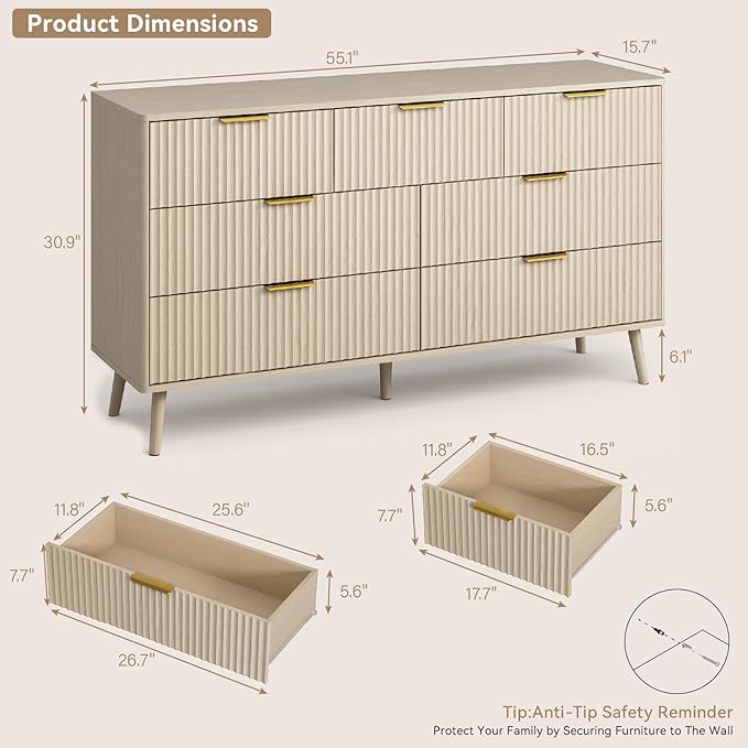CARPETNAL Fluted 7 Drawer Dresser for Bedroom, 55" Wide Wooden Chest of Drawers with Rounded Corners, Gold Handles, Modern Storage Organizer for Bedroom, Hallway(Beige)