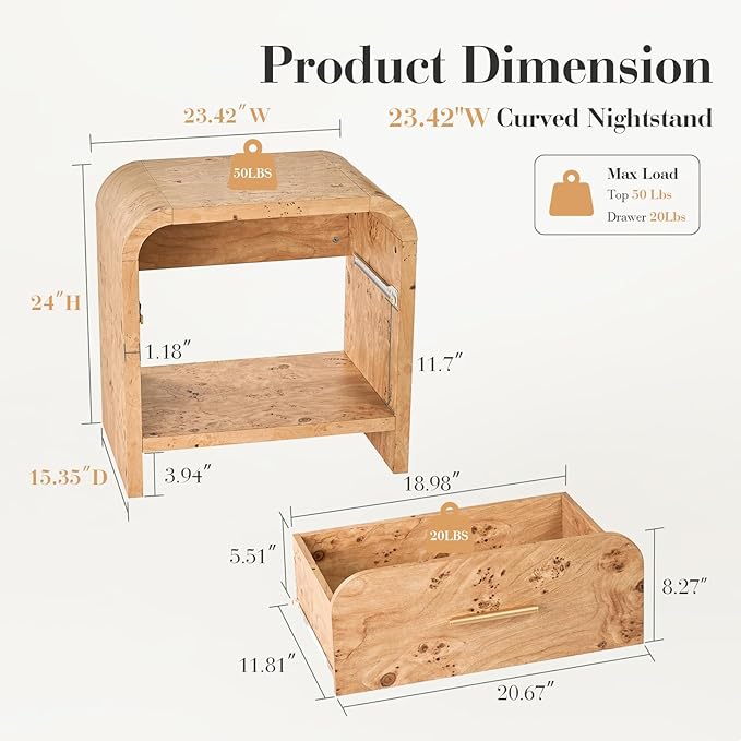Night Stand [Unique Curved Profile] [FSC-Certified Wooden Board] 1-Drawer and 1 Storage Shelf Nightstand 24" H Metal Handle Modern Bedside Table Side Table End Table