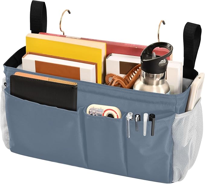 KOPIRIT Dusty Blue Bedside Caddy Storage Bag Bedside Organizer for Headboards Bunk Beds Organizer Caddy Hanging Shelf 6 Pockets with Hooks for Magazine Water Bottle Holder