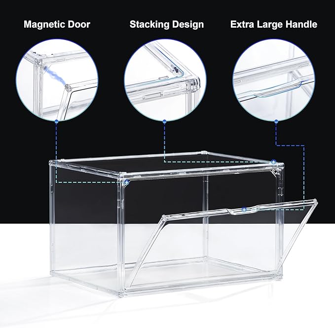 12 Pack Shoe Boxes, Acrylic Clear Shoe Boxes,360°Clear Plastic Stackable Shoe Display Box, Larger Shoe Storage Boxes, Shoe Containers, fit up to Us size 14 (Side Open)