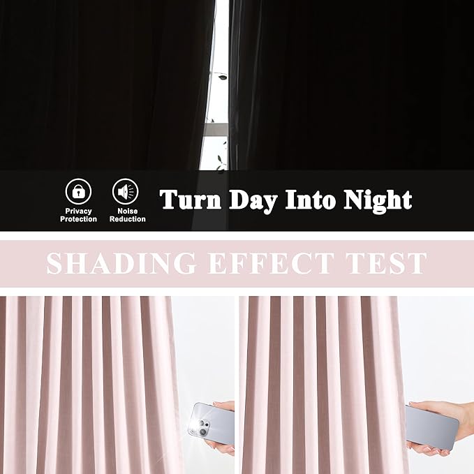 Vision Home Pink Linen Full Blackout Curtains for Bedroom Living Room Darkening Soundproof Window Curtains 63 inch Thermal Insulated Rod Pocket Back Tab Rustic Drapes 2 Panels 56" Wx63 L