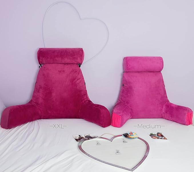 Husband Pillow XXL Aspen Edition - Adult Reading Bed Rest Pillow with Arms & Detach Neck Roll on Bungee Cord - Premium Memory Foam, Reversible 2 Sided Covers Micro Suede or Plush, Sliding Raspberry