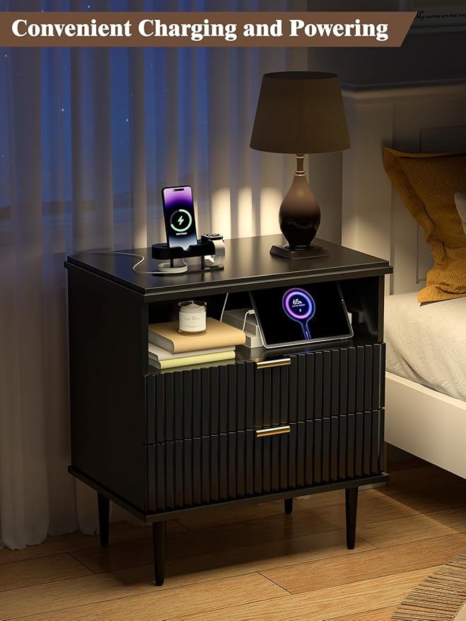 Modern Nightstand with Charging Station, 2-Drawer Fluted Wood Bedside Table with USB, Type-C & AC outlets, Open Storage. Perfect for Your Bedroom (Black, 23.3")