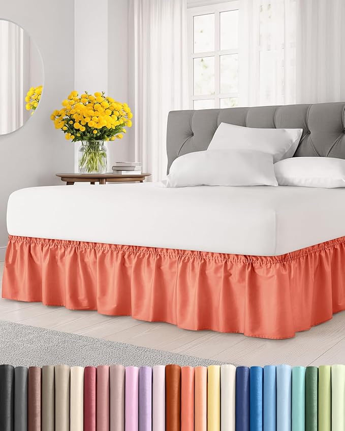 Wrap Around Dust Ruffle Bed Skirt - Coral - for Full Size Beds with 18 Inch Drop - Easy Fit Elastic Strap - Adjustable Pleated Bedskirt w/Brushed Fabric - Wrinkle Free - for Women, Men, Kids & Teens
