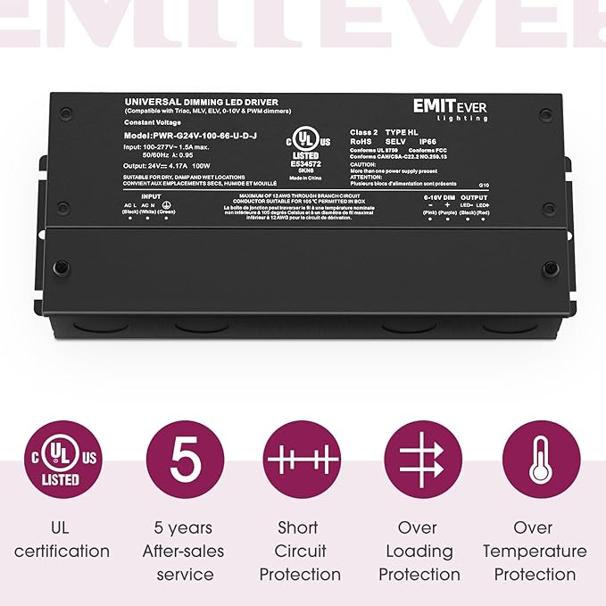 EMITEVER Dimmable Led Driver, 2 Packs 100W AC 110V-277V to DC 24V Transformer, 5-in-1 Dimming: ELV/MLV/TRIAC / 0-10V / 1-10V / 10V PWM/Potentiometer, Waterproof IP67 and UL Listed