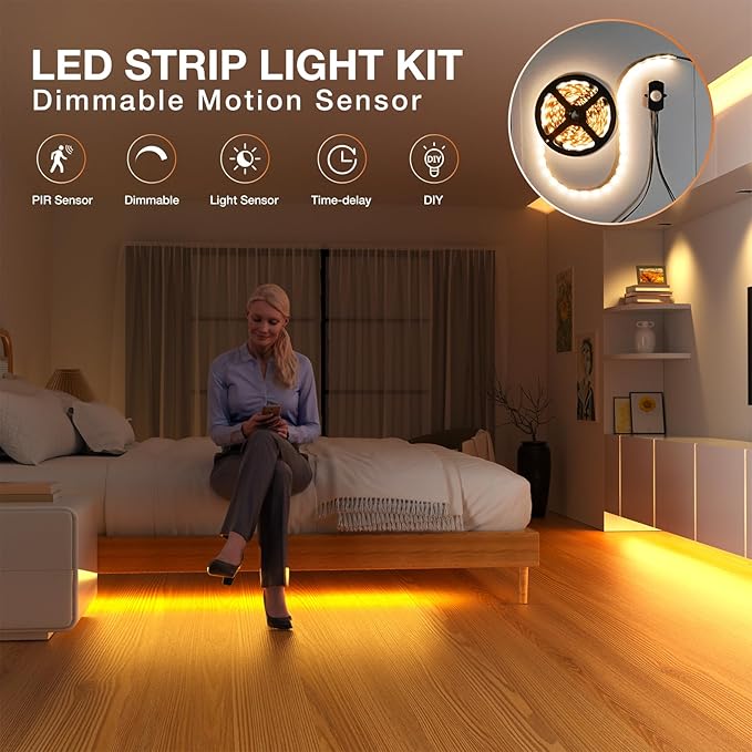 Sensky 19.7ft/6m Motion Activated LED Strip Light Kit Flexible LED Strip Motion Sensor for Bedroom, Gun Safe, Under Cabinet, Under Bed, Pantry, Kitchen, Stairway, Closet(Warm White 3000-3500K)