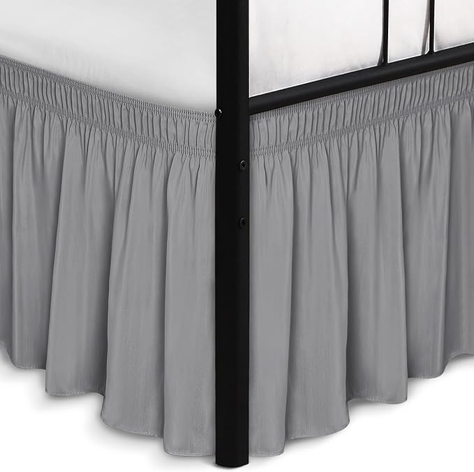 Biscaynebay Wrap Around Bed Skirts with Split Corners for Full Beds 15" Drop, Silver Grey Adjustable Elastic Dust Ruffles Easy Fit Wrinkle Resistant Silky Luxurious Fabric Machine Washable