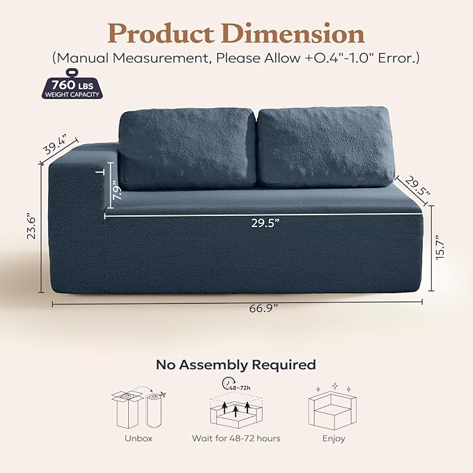Loveseat Sofa, Cloud Modular Sofa Couch, Upholstered Floor Sofa with Deep Seat, Upholstered Foam Couch for Bedroom Living Room, No Assembly Required (Teddy Boucle, Blue)