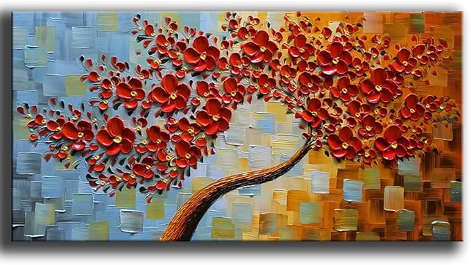 YaSheng Art - large size Red Flower Canvas Wall Art handpainted Contemporary Art Oil Painting On Canvas Texture Abstract 3D Tree Paintings Modern Home Decor Wall Art for living room Ready to hang 24x60inch