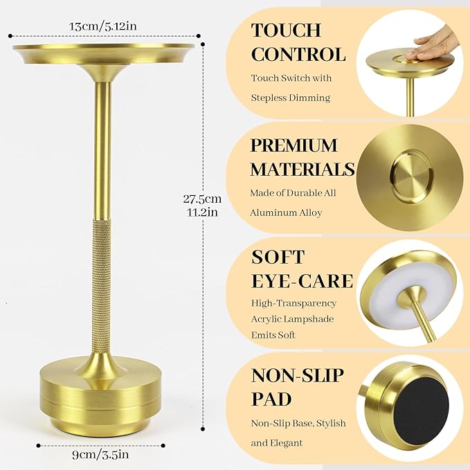 2 Pack Cordless Table Lamp Rechargeable, Portable Battery Powered USB Desk Lamp, 3 Color Dimming LED Table Light with Touch Control, for Bedroom/Restaurant/Office/Outdoor(Gold)