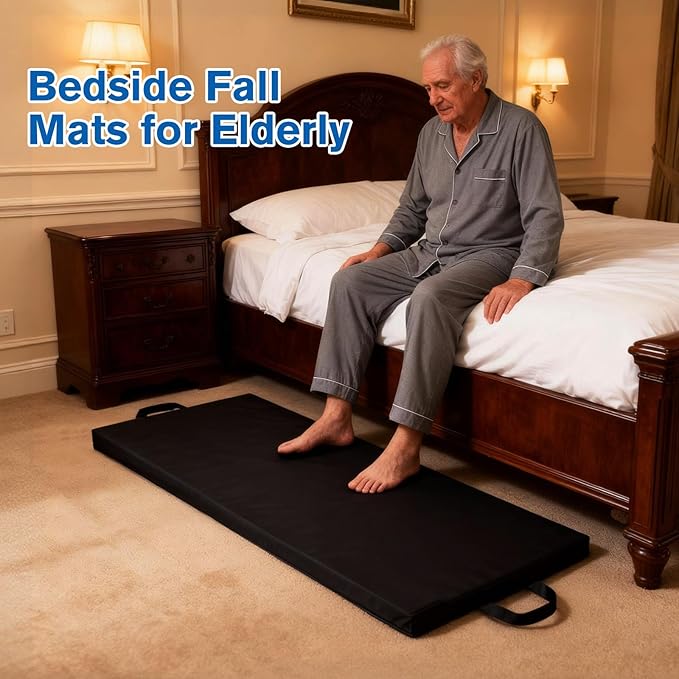 Bedside Fall Mats for Elderly 2.5 Inch Rollable High Density Foam Floor Mats 71.6 * 24 Inch Waterproof Non Slip Protection Mat for Elderly, Handicap, Senior