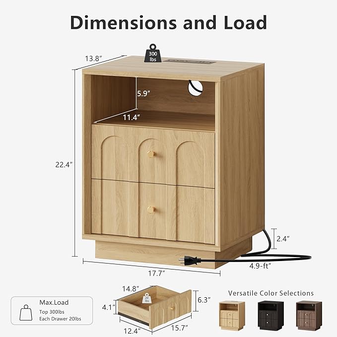 Nightstand Set of 2 with Charging Station, Mid Century Modern Nightstand with Arched Design,Boho End Table with Wood Grain Texture, Bedside Table for Bedroom Living Room Sofa Office, Oak