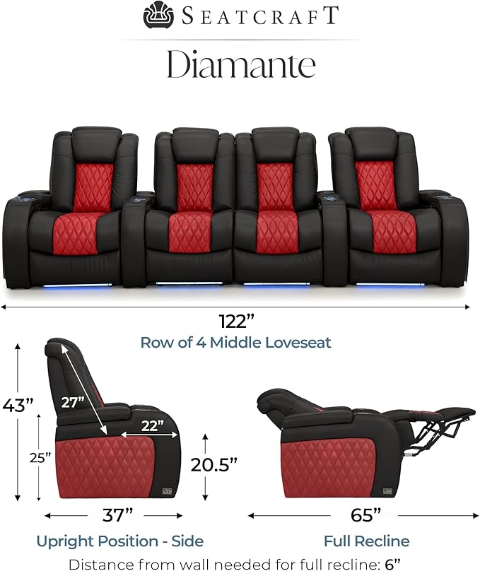 Seatcraft Diamante Zero-Gravity CoolZero Italian Leather Home Theater Seating, Power Headrest, Power Recline, Row of 4 Middle Loveseat, Black/Red