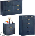 LEYAOYAO 42" Tall Fluted Dresser and 3 Drawers 23" Nightstand Set of 2, Wooden Dresser & Night Stand with Charging Station, 3 Piece Bedroom Furniture Set, Chest of Drawer for Living Room,Navy Blue
