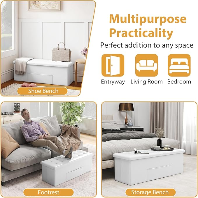 Giantex 43 Inches Folding Storage Ottoman Bench, Upholstered PU Leather Storage Chest with Side Pocket, Padded Seat, End of Bed Bench, Collapsible Ottoman Foot Rest for Living Room, Bedroom & Entryway