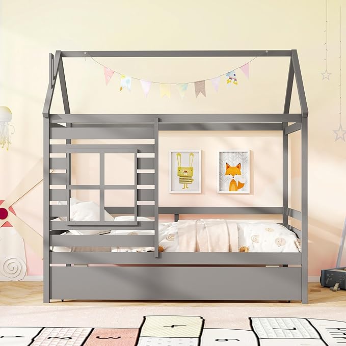 Giantex Twin House Bed with Trundle Bed, Wooden Twin Bed Frames with Roof, Chimney & Window, Montessori House Bed with Safety Guardrails for Kids, Boys, Girls, Teens (Grey)