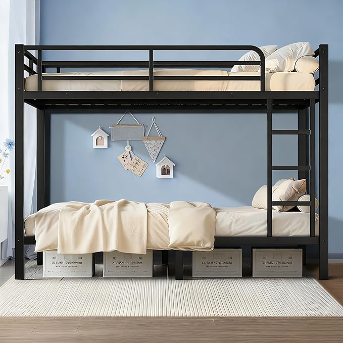 Twin Over Twin Bunk Bed Frame, Heavy Duty Metal Loft Bed for Adults/Teens, 250/400LB Capacity w/Ladder & Guardrail, Noise-Free Steel Slats, No Box Spring Required, Black