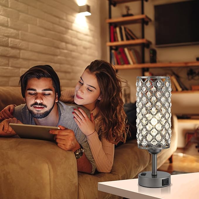 Hong-in Gray Crystal Lamp Touch Control Set of 2, Crystal Table Lamps with USB C+A Ports & AC Outlet, 3-Way Dimmable Nightstand Touch Lamp, Modern Bedside Table Lamp for Bedroom(Bulbs Included)