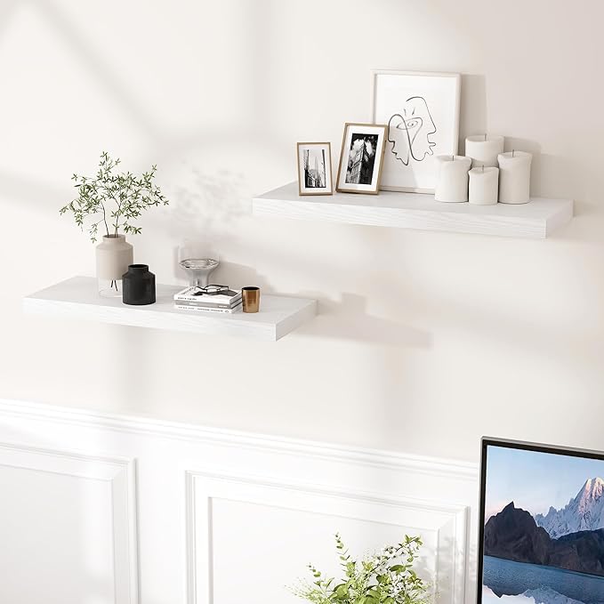 Fun Memories Floating Shelves for Wall, 24 x 9.3 Floating Shelf Wall-Mounted, Rustic Wood Bathroom Shelf Set of 2, Deep Bookshelf Storge Shelves for Living Room, Bedroom, Farmhouse, White Color