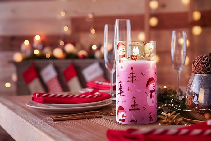 Eywamage Pink Christmas Flameless Pillar Candle with Remote, Flickering Gnomes Santa Glass LED Candles Battery Operated Set of 3