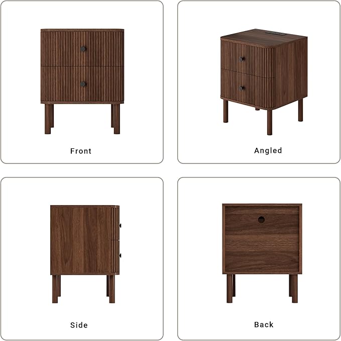 Night Stand with Charging Station, 18" Fluted Nighstand with Rounded Corners & Solid Wood Legs, 2 Drawers End Table with Storage, Mid Century Modern Bedside Table for Bedroom, Walnut