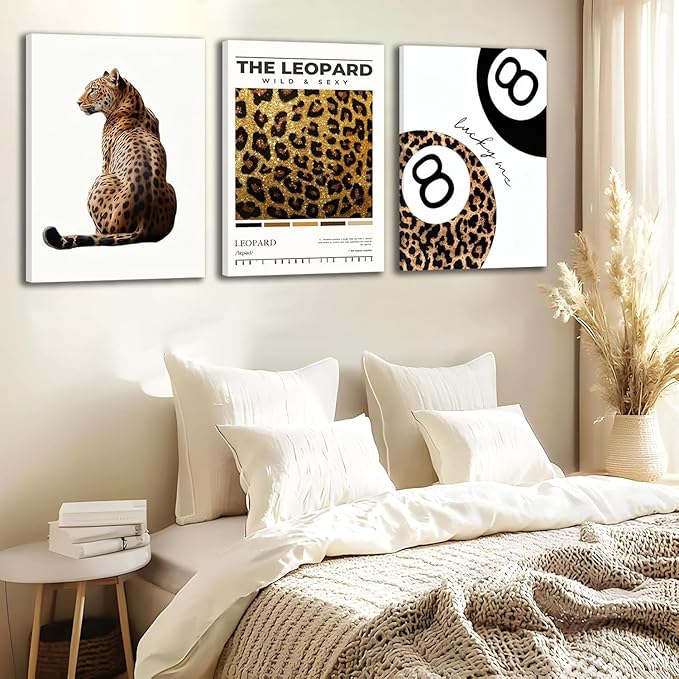 Trendy Leopard Framed Set of 3 Canvas Poster Prints,Picture Modern Artwork Wall Art for Home Décor,Perfect for Adds Wilderness & Elegance to Living Room,Bedroom or Any Interior Space,16Lx12W