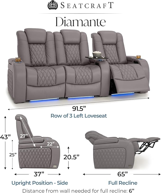 Seatcraft Diamante Zero-Gravity CoolZero Italian Leather Home Theater Seating, Power Headrest, Power Recline, Row of 3 Left Loveseat, Gray
