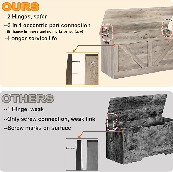 Timberer 39.4" Storage Chest, Wooden Storage Bench, Large Storage Trunk with 2 Safety Hinges, Entryway Shoes Bench for Living Room, Bedroom, Grey