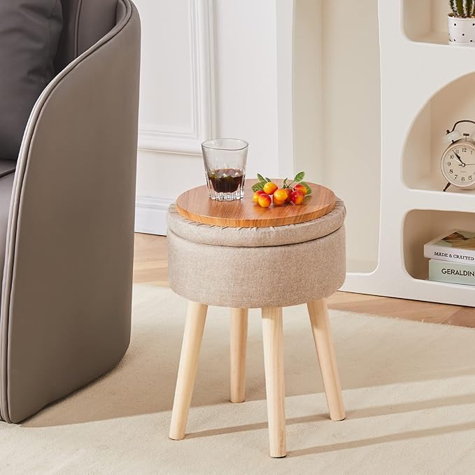 Mxfurhawa Storage Ottoman Linen Round Vanity Stool Tray Top Modern Foot Stool with Wood Legs Multifunctional Upholstered Foot Ottoman Rest for Living Room, Bathroom, Makeup (Khaki)