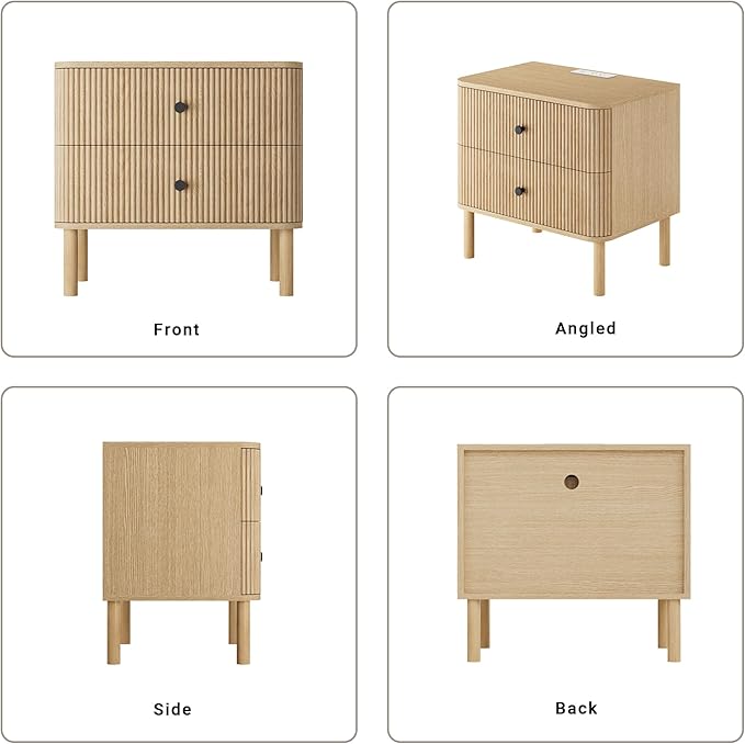 Night Stand with Charging Station, 24" Large Fluted Nightstand with Rounded Corners & Solid Wood Legs, 2 Drawers End Table, Mid Century Modern Bedside Table for Bedroom, Natural Oak
