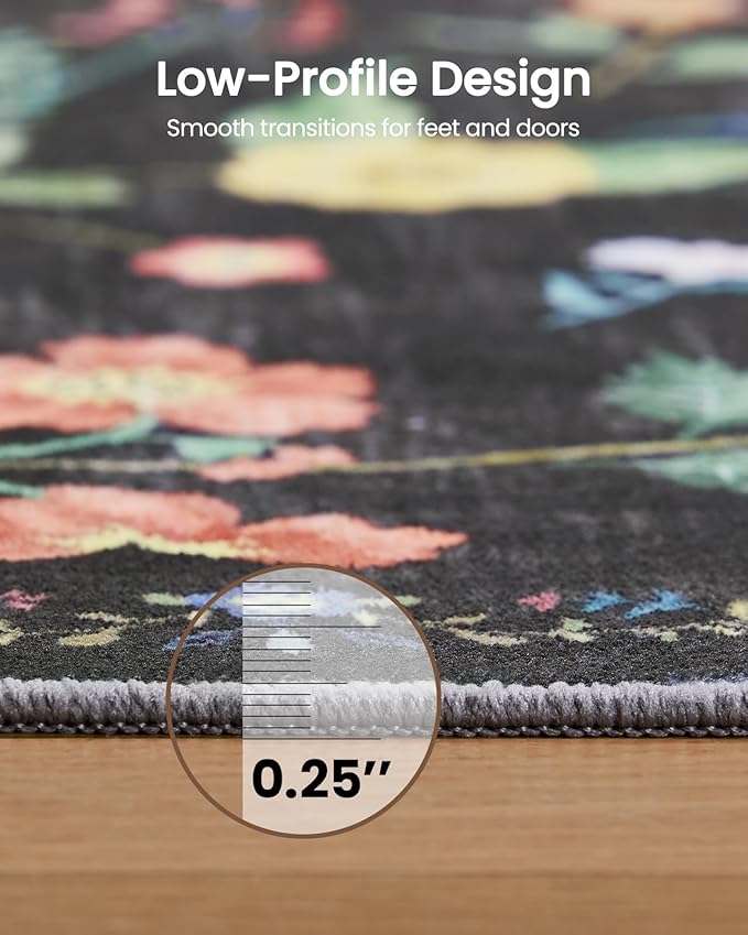 Amada 3x5 Washable Area Rugs, Non-Slip & Low-Profile Entryway Rug with Reinforced Edge Binding, Boho Floral Pattern, Soft Washable Rug for Bedroom, Entryway & Home Office