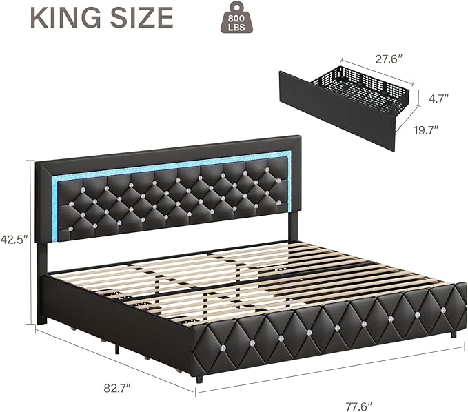 BarnFurin King Size Bed Frame with LED Lights and Storage Drawers, Upholstered Platform Bed with Crystal Tufted Headboard, Wooden Slats Support, No Box Spring Needed, Easy Assembly, Black