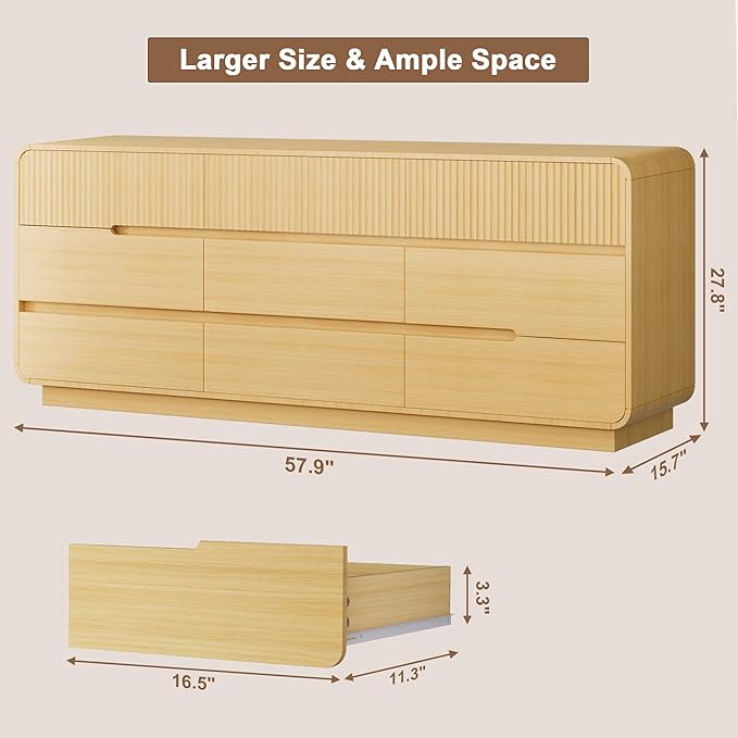 9 Drawer Dresser and 2 Nightstand Sets for Bedroom 3 Pcs Bedroom Set, Modern 57.9" Fluted Dresser with Invisible Handles Nightstand Charging Station, Bedroom Furniture Set for Living Room, Natural
