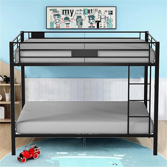 Upgraded Version Thicken Metal Heavy-Duty Queen Over Queen Bunk Bed, Best Industrial Style Stronger Queen Size Bunk Bed Frame with Ladder for Adults, Easy Assembly (Queen Over Queen-A)