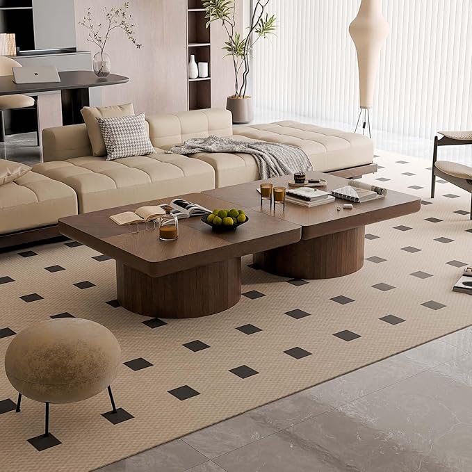 Modern Square Coffee Table with Cylindrical Base, Wood Coffee Table with Parquet Pattern & Thickened Tabletop, Center Table Tea Table for Living Room Apartment, 34.6''L×34.6''W×14.9''H, Walnut
