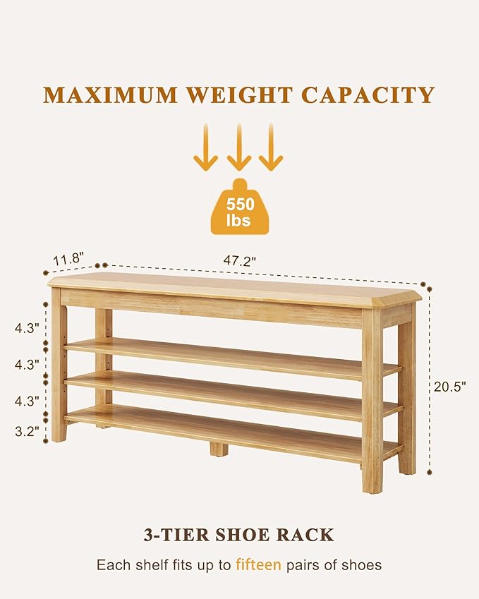 Shoe Rack Bench Seat Rubberwood 3-Tier Wooden Storage Bench 550lbs Compact Mid-Century Modern Design for Entryway, Hallway, Closet, Front Door Entrance, Foyer