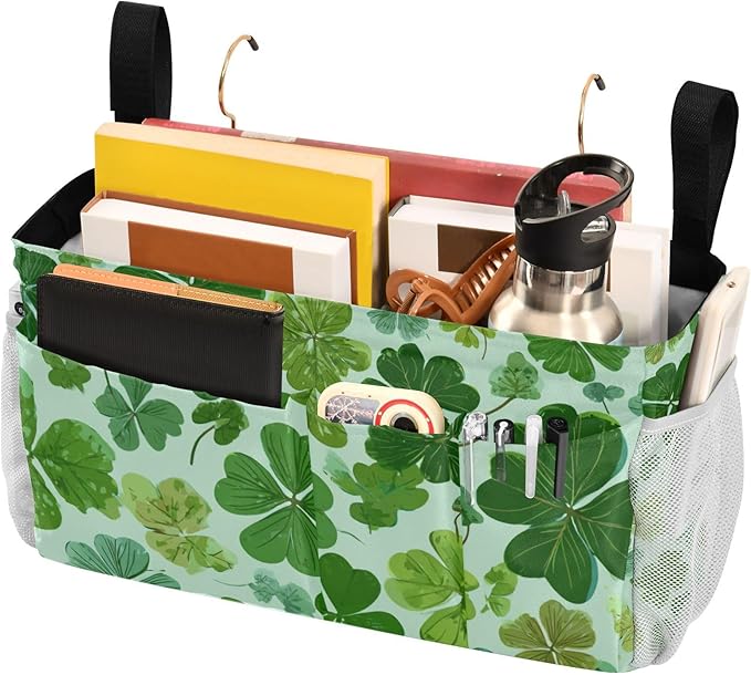 Bedside Caddy Hanging Bunk Bed Caddy Bed Organizer Hanging Pocket with 2 Hooks Bedside Storage Organizer Pocket Bag Holder Green Nature St Patrick Clovers