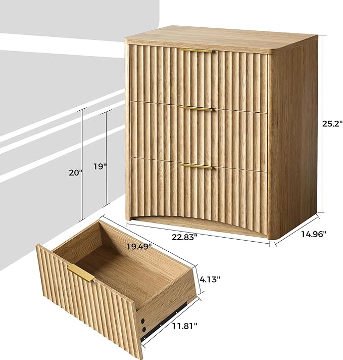 Evermagin Fluted Nightstand, Natural Oak Bedside Table with 3 Drawers, Wood End Table with Storage Mid Century Modern, Large Night Stand for Bedroom