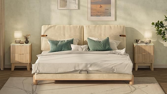 Fluted Nightstand Set of 2,Modern End Table with Faux Marble Top,2 Storage Drawers Side Table,Bedside Table for Bedroom, Living Room,Curved Profile Design Furnitue,Natural Oak