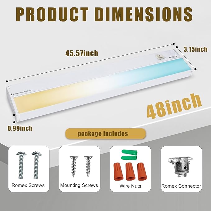Ansen Hardwired Under Cabinet Lighting, 48in 26W LED Light for Kitchen/Closet, 1720lm, CRI>92, R9>90, Dimmable, 3 Color Temperature, 3000K/4000K/5000K(Warm White, Cool White, Daylight)