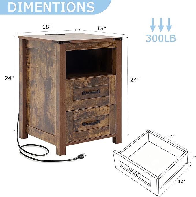 Puntogen Brown Night Stand, Rustic End Table with Charging Station, Farmhouse Tall Nightstand for Bedroom, Drawer Dresser Bedside Table with Open Storage Shelf