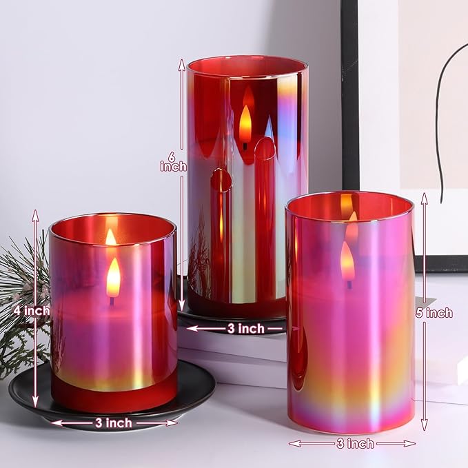 Eywamage Red Glass Flameless Pillar Candles with Remote, Flickering Christmas Battery LED Candles Holiday Decor Set of 3