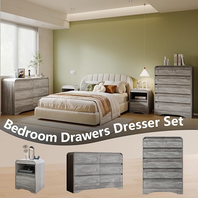 3 Piece Bedroom Set, Dresser and Nightstand Sets for Bedroom, Wood 6 Drawer Dresser & Night Stand Set of 2, Tall Chest of Drawers Modern Storage Cabinet Bedroom Furniture Set, Grey