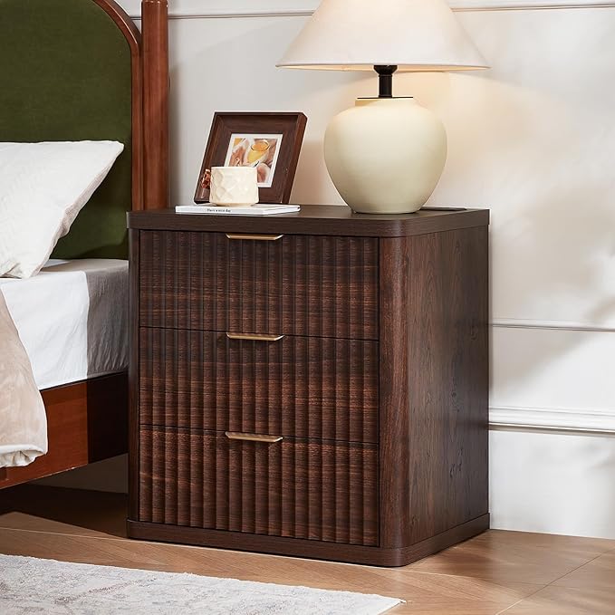 LEYAOYAO Fluted Farmhouse Nightstand Set of 2 with Charging Station, 23" Wide 3 Drawers Night Stand,Walnut Dresser for Bedroom,Bed Side Table Chest of Drawers,Wood End Table for Living Room