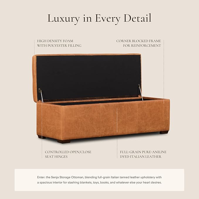 POLY & BARK Senja Storage Ottoman – 52" Large with Feather-Down Topper – Full-Grain Leather Upholstered Ottoman Box – Bench or Bedroom Storage – Vintage Italian Leather in Cognac Tan